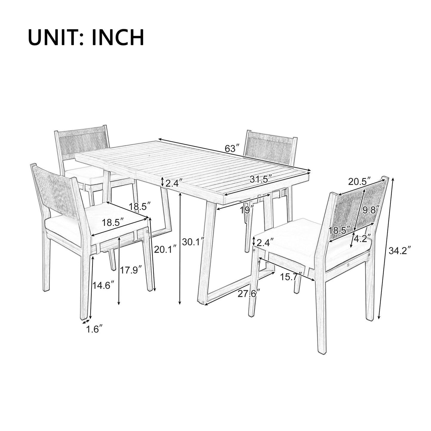 Merax Wood Outdoor Dining Table Set for 4,All Weather Patio Chairs with Soft Cushions and Jute Rope Knitted Back