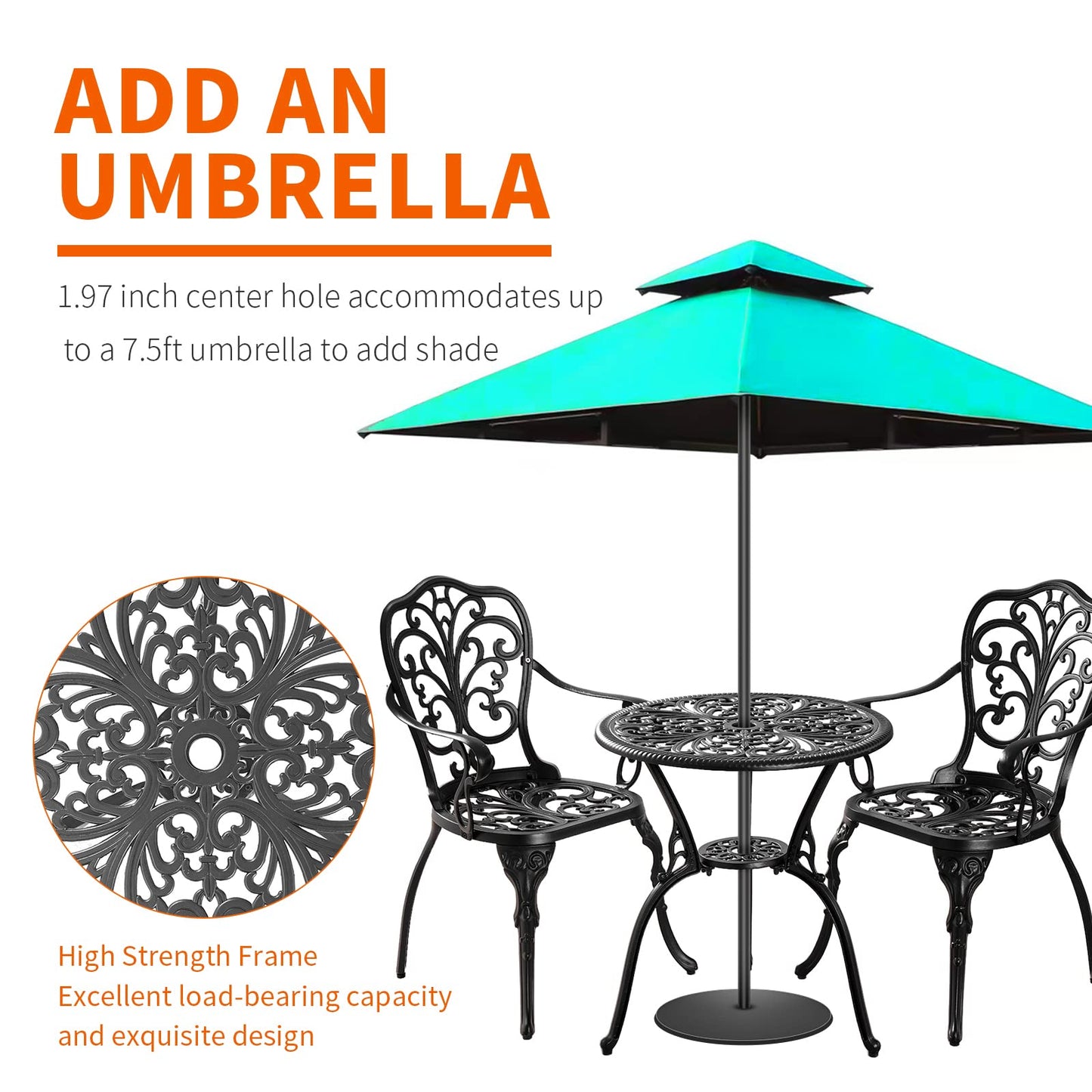 Withniture Bistro Set 3 Piece Outdoor, Bistro Table and Chairs Set of 2, All Weather Patio Bistro Set with Umbrella Hole, Patio Set for Garden, Black