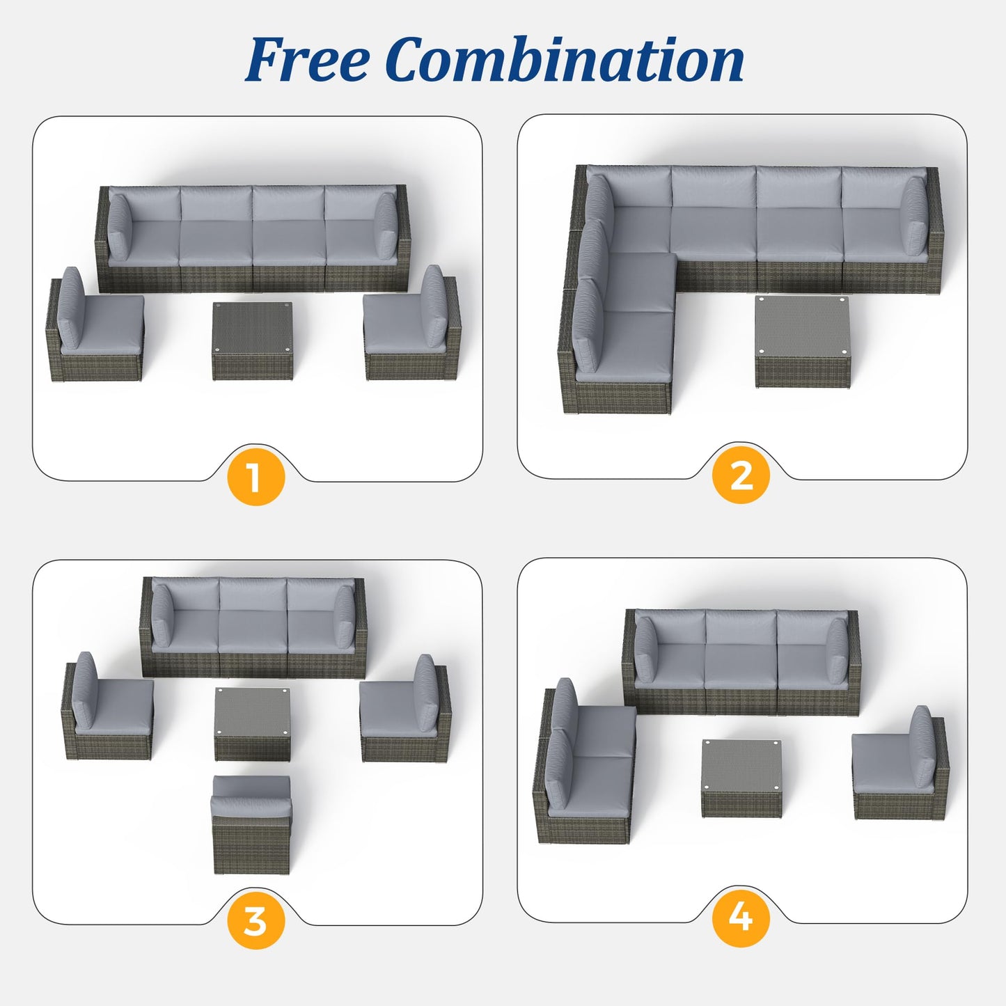 SUNVIVI OUTDOOR 8-Piece Modular Outdoor Patio Furniture Set, Wicker Outdoor Sectional Sofa with 45" Fire Pit Table, All-Weather Rattan with Cushions for Porch Garden Backyard, Grey