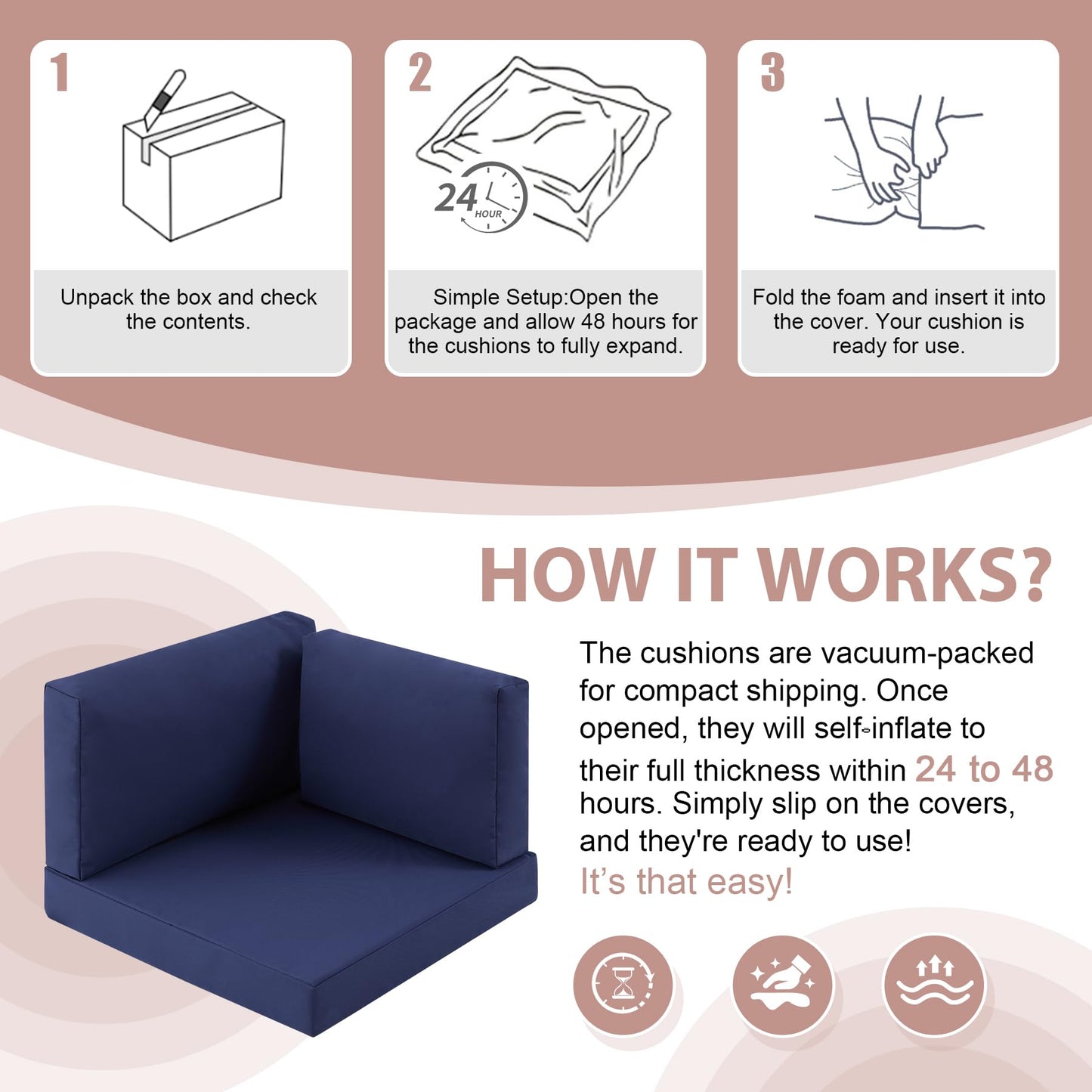 MuaMelop 14-Piece Patio Furniture Cushions Set, Replacement Outdoor Cushions for 6-Seat Patio Sectional, Waterproof & Fade Resistant Deep Seat Cushion for Outdoor Sofa, Navy Blue