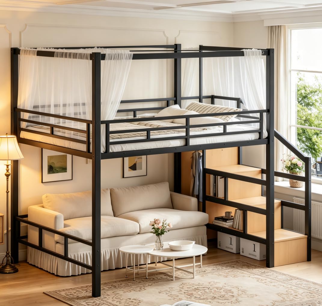 Bellemave Queen loft Bed with Storage Stairs, LED, Wardrobe, Canopy Support Pole, Metal Queen Loft Bed Frame for Adults, Kids, Teens, Canopy can be Disassembled, Black+Natural Wood