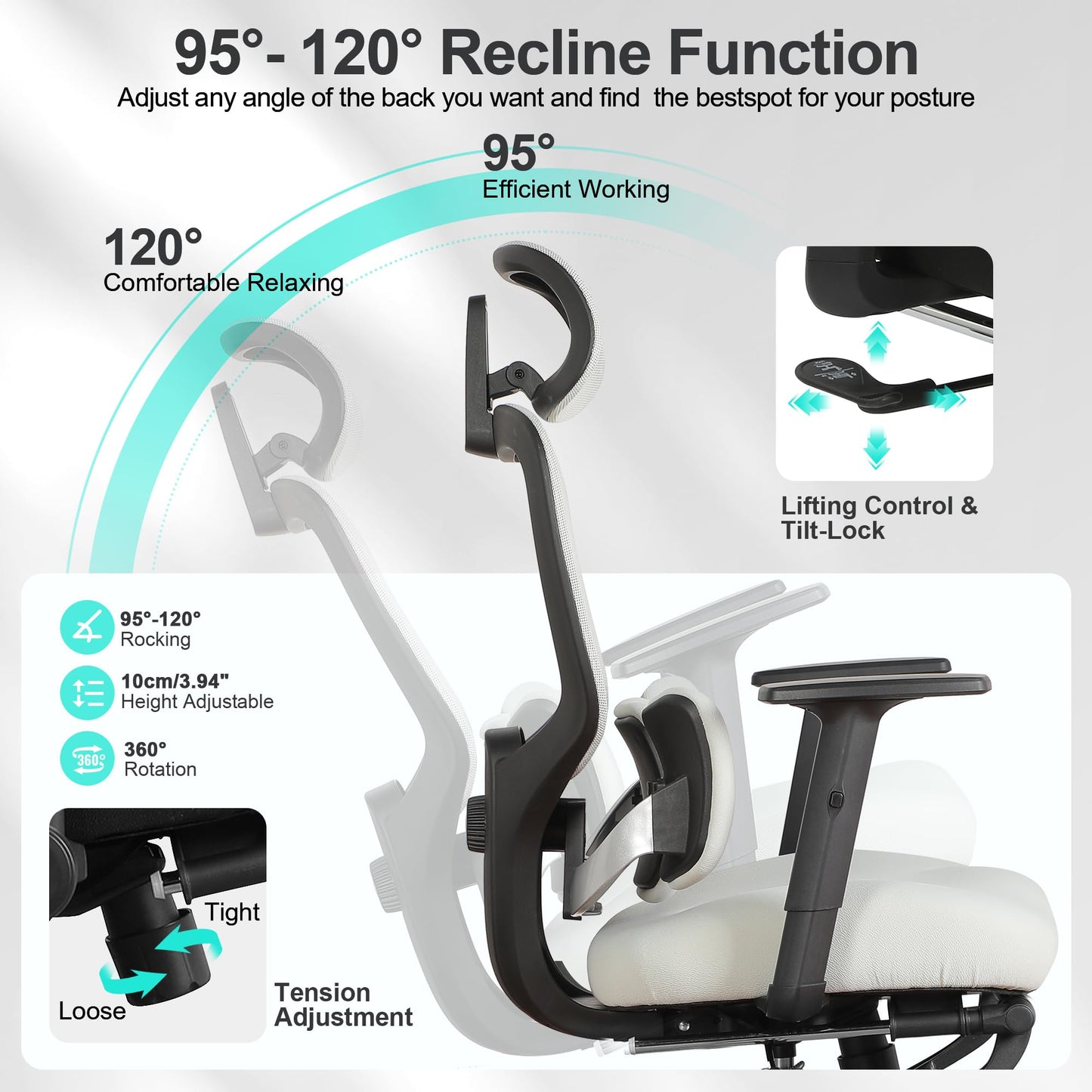 Ergonomic Office Chair with Footrest, Mesh Desk Chair with Adjustable Headrest & Armrests & Dynamic Floating Wing Lumbar Support, High Back Computer Chair for Home Office, BIFMA Certified, Grey