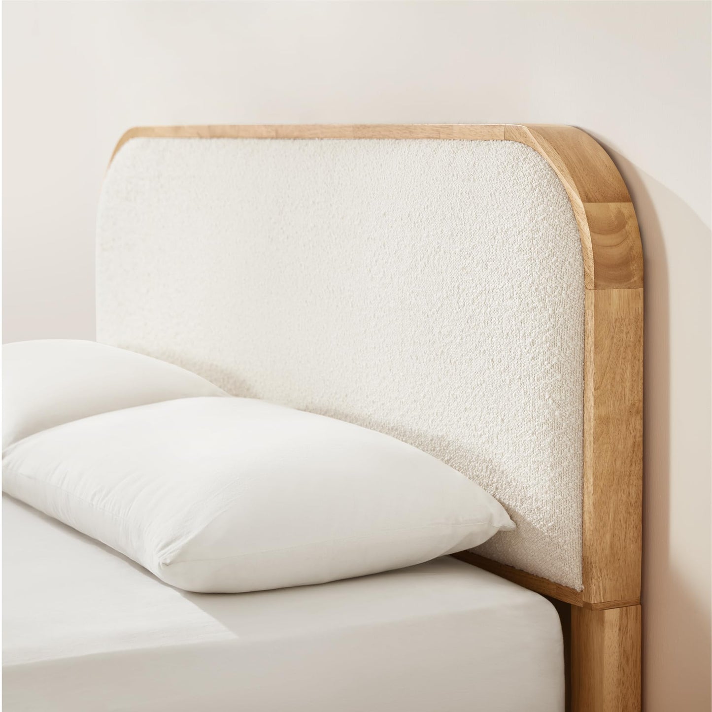 KISLOT Wood Bed Frame with Upholstered Headboard, Mid-Century Boucle Fabric Platform Modern Bed Mattress Foundation Noise-Free No Box Spring Needed Easy Assembly