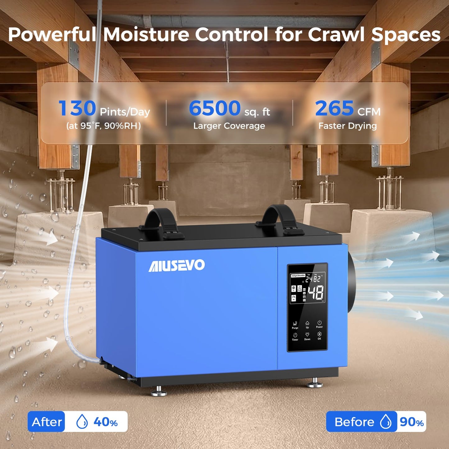 130 Pints Commercial Dehumidifier with Pump and Drain Hose, Crawl Space Dehumidifier for Basement up to 65,00 Sq. Ft for Water Damage, Attic, Garage, Industrial, Auto Defrost, Humidity Control