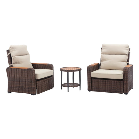 Teamson Home - Outdoor 3 Piece Wicker Recliner Set with Wood Armrests and Cushions, Brow