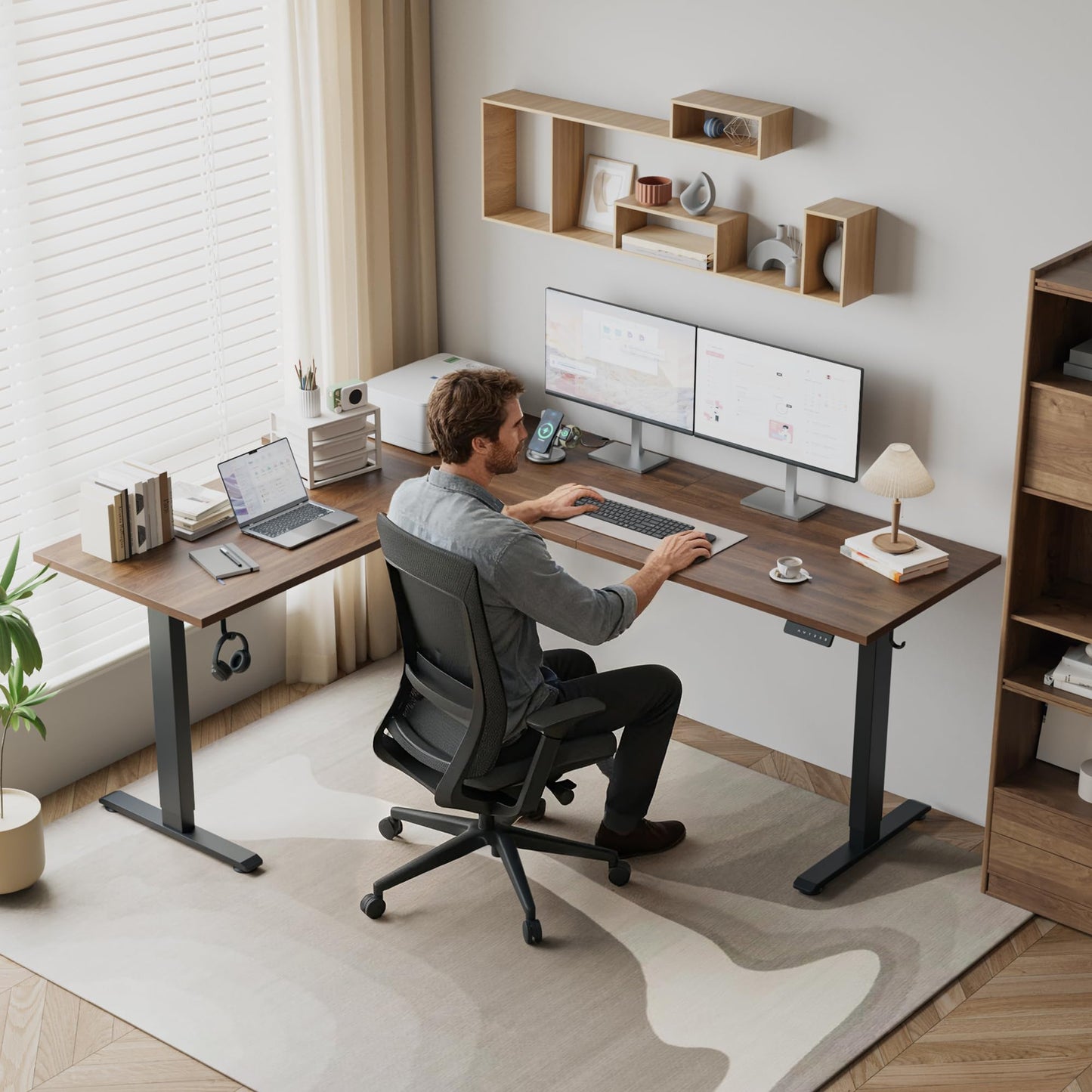 Klicelor L Shaped Standing Desk 73 x 60 Inch, Electric Height Adjustable Corner Desk for Home Office Workstation, Ergonomic Sit Stand Computer Table with Memory Controller, Dark Walnut