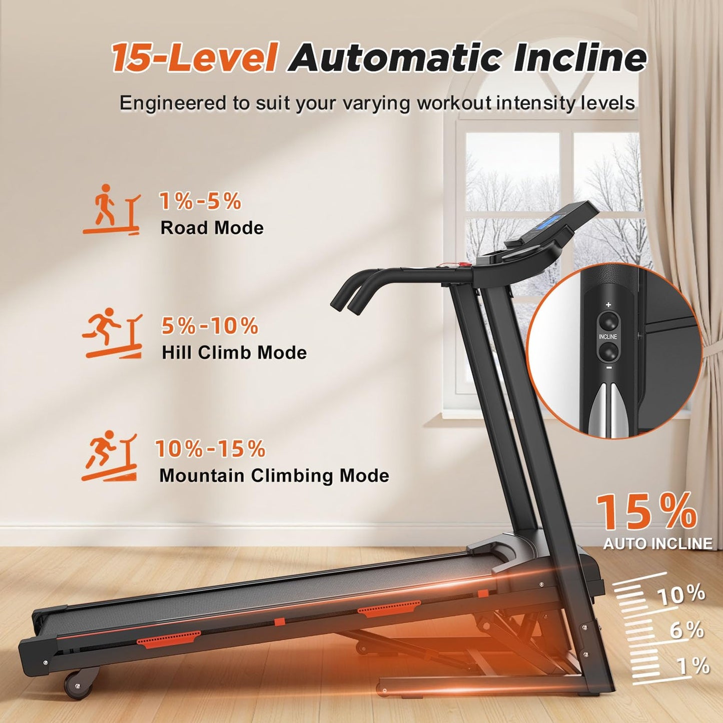 Walking Pad Treadmill with Incline and Handle Bar, 15% Auto Incline Treadmill with APP, 3.25HP Brushless Motor, Folding Electric Treadmill for Home, 0.5-8.5 MPH, Large LED Display