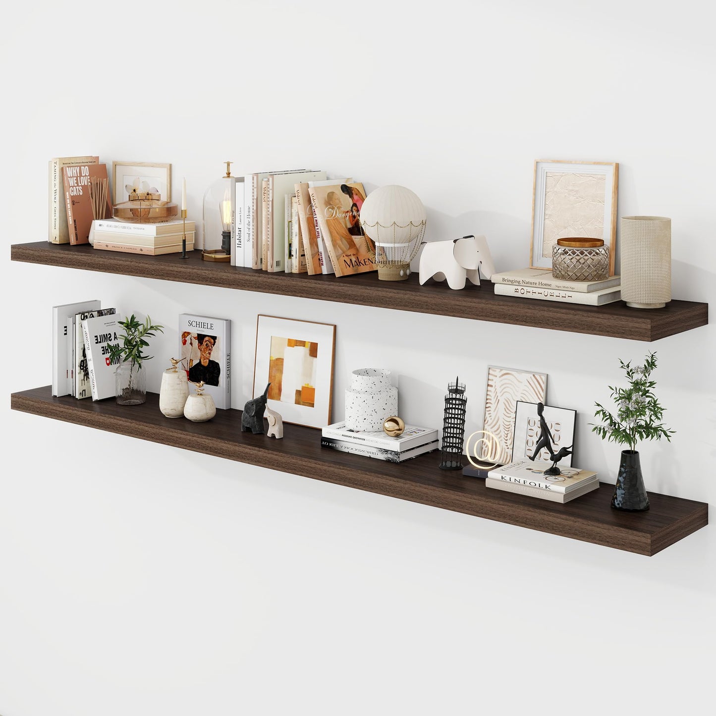 Acovy 72 Inch Floating Shelves, 9.3" Deep Floating Shelf Wall Mounted, 72" Wall Shelves, Rustic Deep Bookshelf, Large Display Shelves & Storage Shelves for Bedroom, Living Room, Walnut, Set of 2