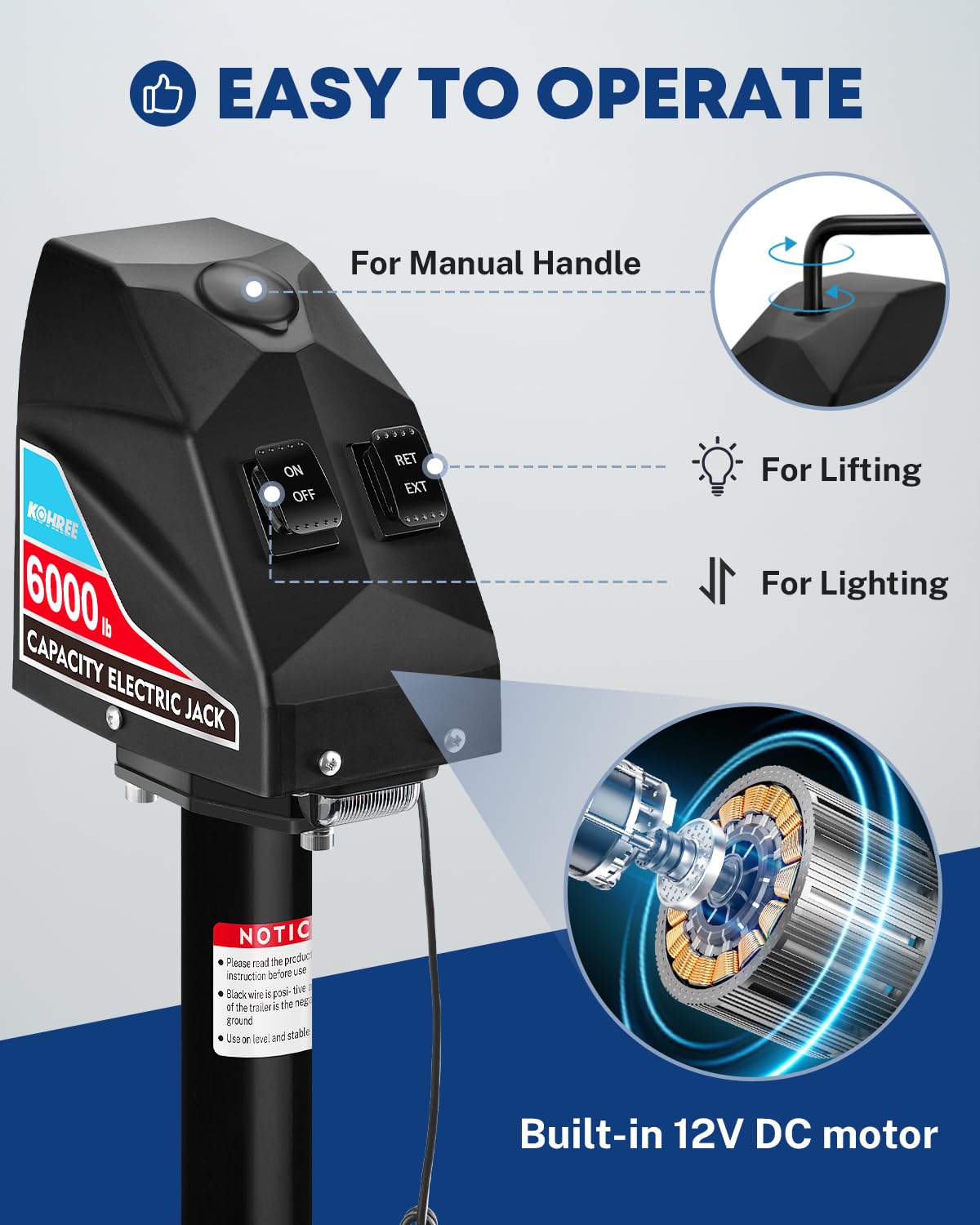 Kohree Electric Trailer Jack 6000 lbs, Heavy Duty RV Electric Power Tongue Jack for Travel Trailer A-Frame Camper, with Manual Crank Handle & Weatherproof Jack Cover, 22" Lift, 12V DC with Wiring