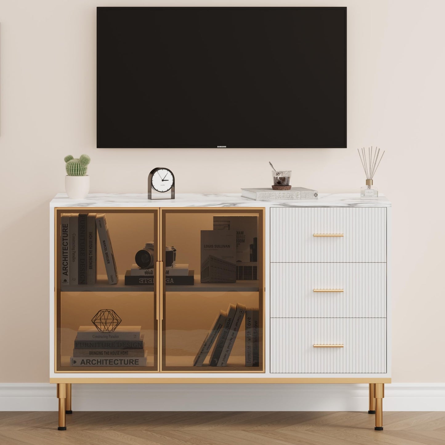 GAOMON Buffet Sideboard Cabinet with Storage, 46.4" Large Fluted Kitchen Sideboard Cabinet with 2 Glass Doors 3 Drawers and Shelves, Faux Marble Top Buffet Table for Dining Room, Living Room, White