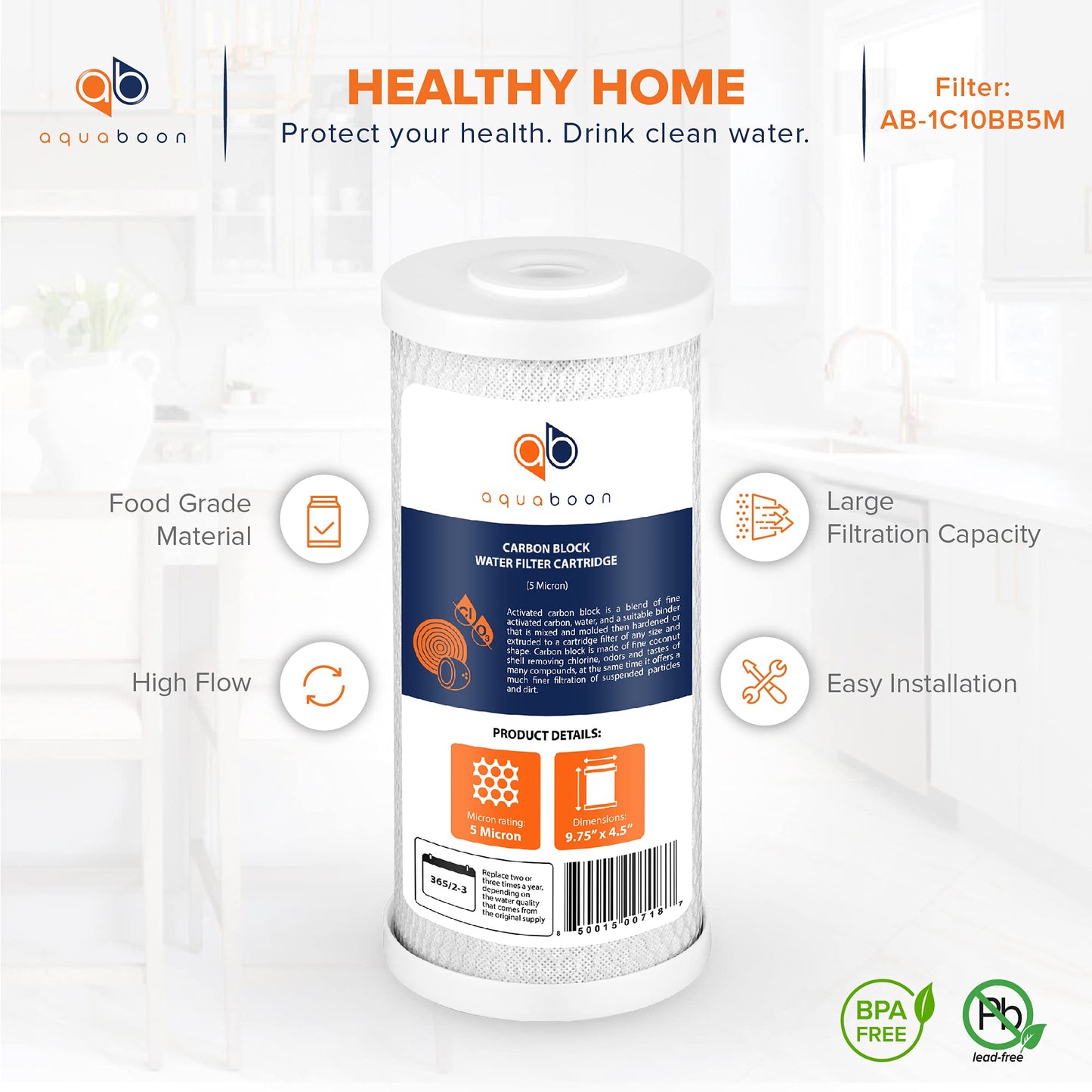 Aquaboon 5 Micron 10x4.5 Carbon Block Water Filters Whole House CTO Water Filter Replacement Cartridge Compatible with FXHTC, CB-BB-10, EP-BB, 12-Pack