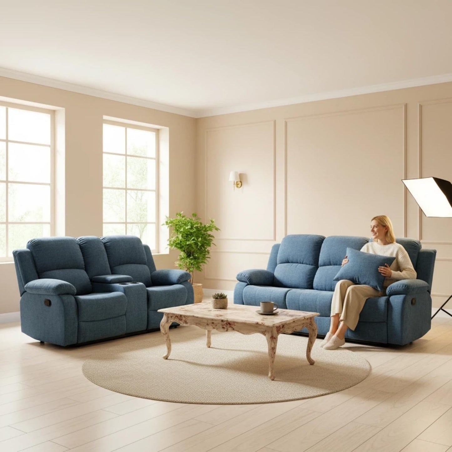 Trygoal Manual Recliner Sofa Set, Fluffy Fabric Reclining Living Room Furniture Set, Adjustable Backrest Reclining Loveseat Sofa and a 3 Seater Couch Furniture Set for Living Room, Light Blue