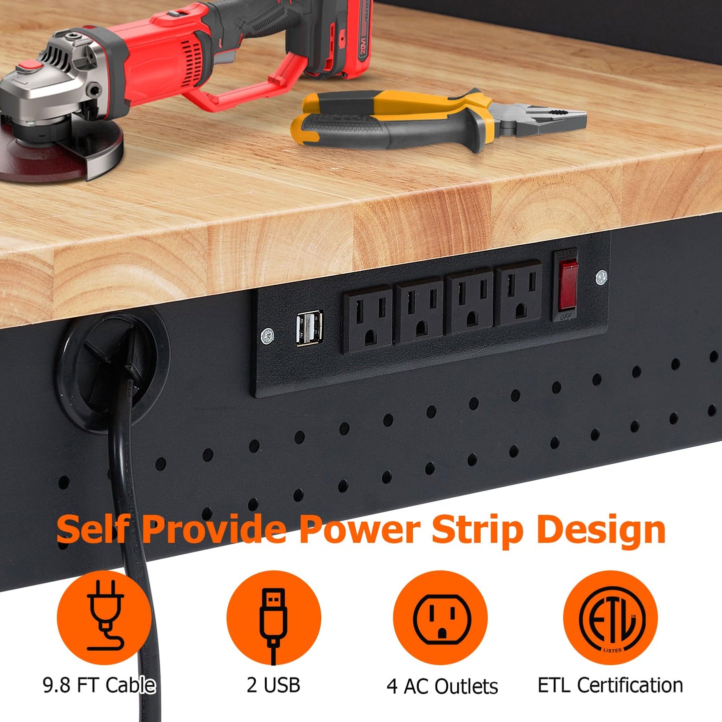 ACONEE 48" Workbench Heavy Duty, Adjustable Height Workstation with Drawer Storage, Backplate, 2000 LB Load Capacity, Multipurpose Rubber Wood Shop Table with Power Outlets, Hooks, Garage Storage