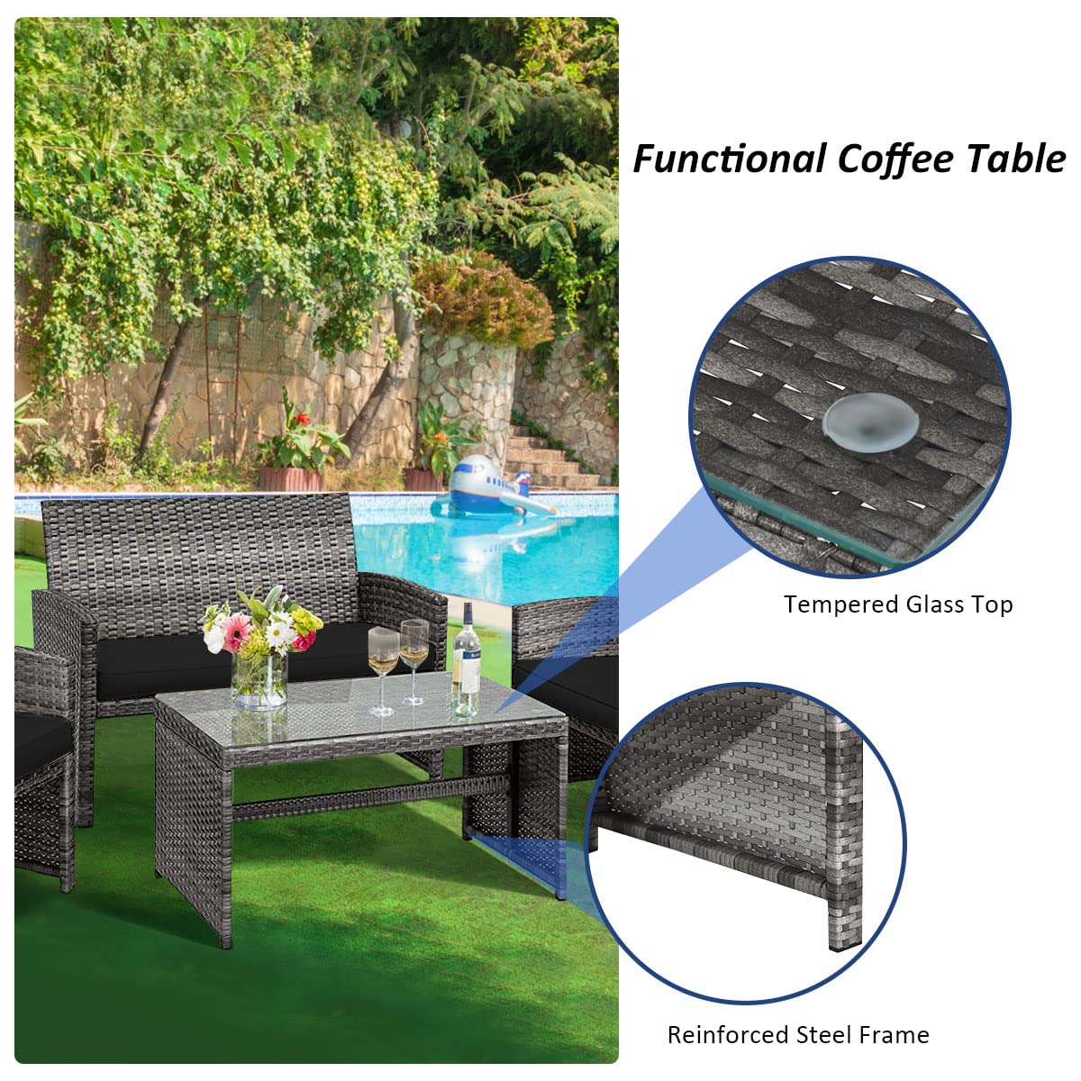 Tangkula 4 PCS Wicker Patio Conversation Set, Outdoor Rattan Sofas with Table Set, Patio Furniture Set with Soft Cushions & Tempered Glass Coffee Table for Poolside Balcony