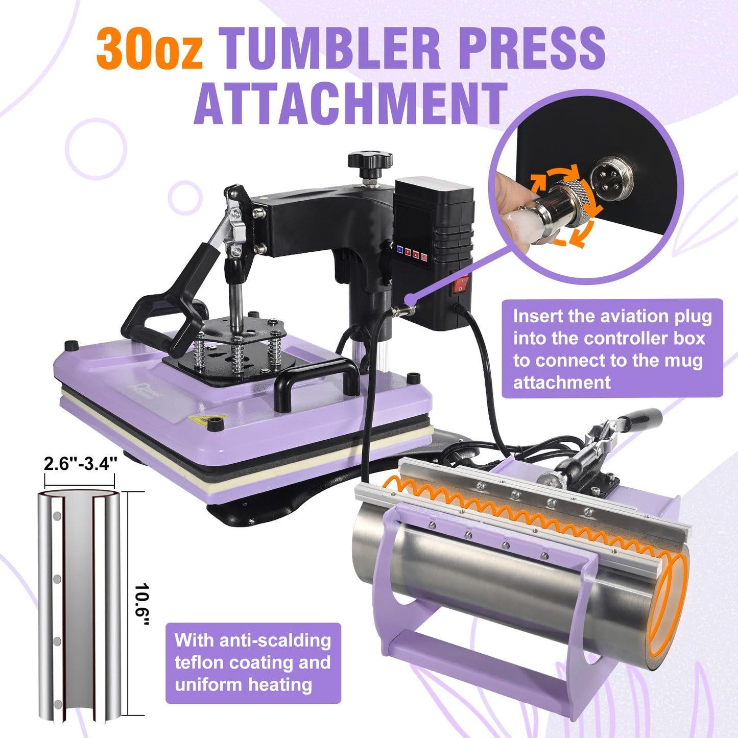 PlanetFlame Heat Press Machine 12x15 Inch, 360° Swing Away 5 in 1 Heat Transfer Machine, Multifunctional Heat Transfer Press Machine with 30OZ Tumbler Attachment for Hat/Plate/T-Shirt/Mug, Purple