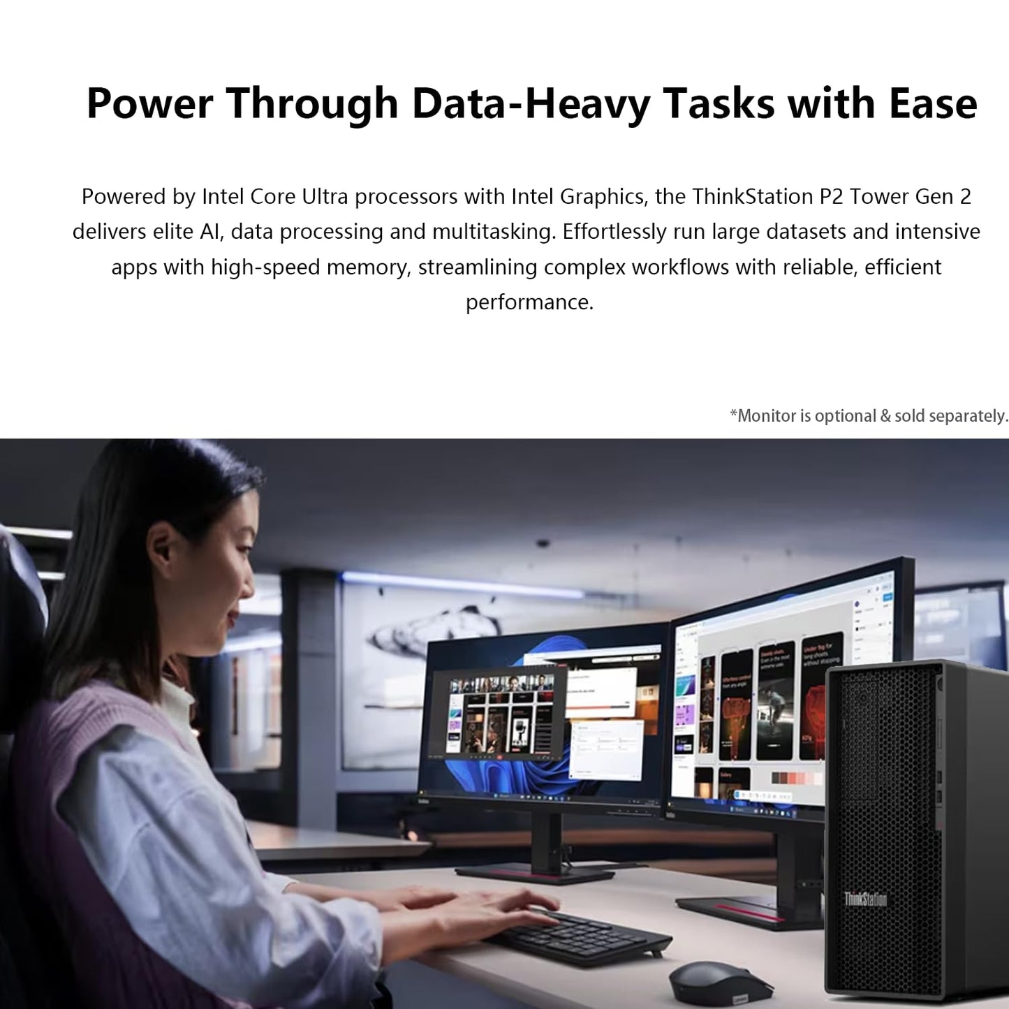 Lenovo ThinkStation P2 Tower Desktop AI PC, Intel Core Ultra 5 225, 32GB DDR5, 1TB SSD, Wi-Fi 7, Support 3-Display 4K, HDMI, DP, Optical Disc Drive, Windows 11 Pro, Business Workstation, w/Bundle