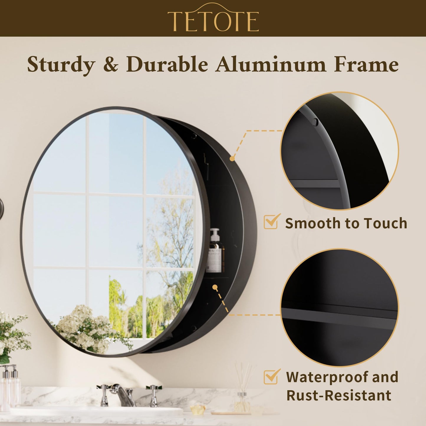 TETOTE 24 x 24 Inch Medicine Cabinet Mirror Black Framed Round Mirrored Medicine Cabinets for Bathroom Adjustable Shelves Modern Bathroom Mirror with Storage Wall Mounted