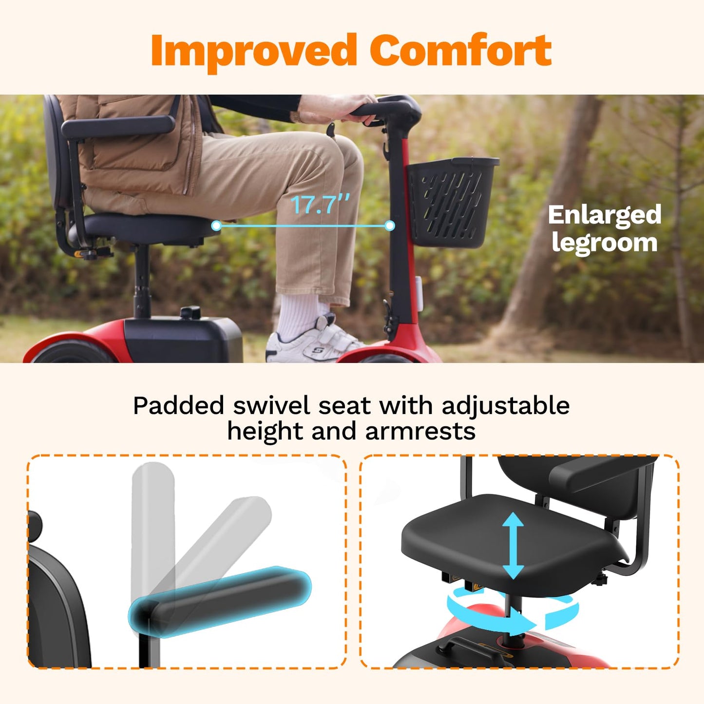 Glashow S1 Folding 4-Wheel Mobility Scooter for Seniors – 25-Mile Range, 6.2 mph, All-Terrain Electric Scooter with Adjustable Swivel Seat, 265 lb Capacity, Removable 24V 20Ah Battery – Red