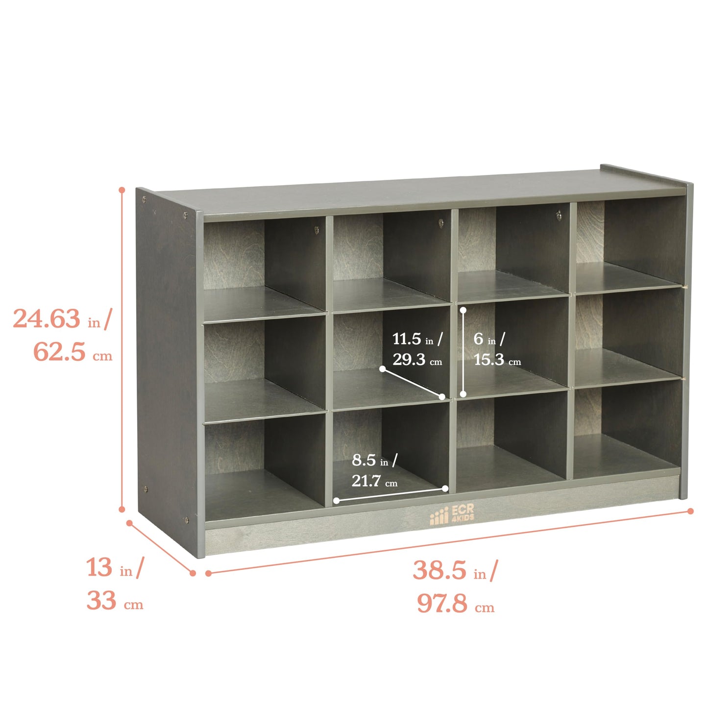 ECR4Kids 12 Cubby Mobile Tray Storage Cabinet, 3x4, Classroom Furniture, Grey Wash