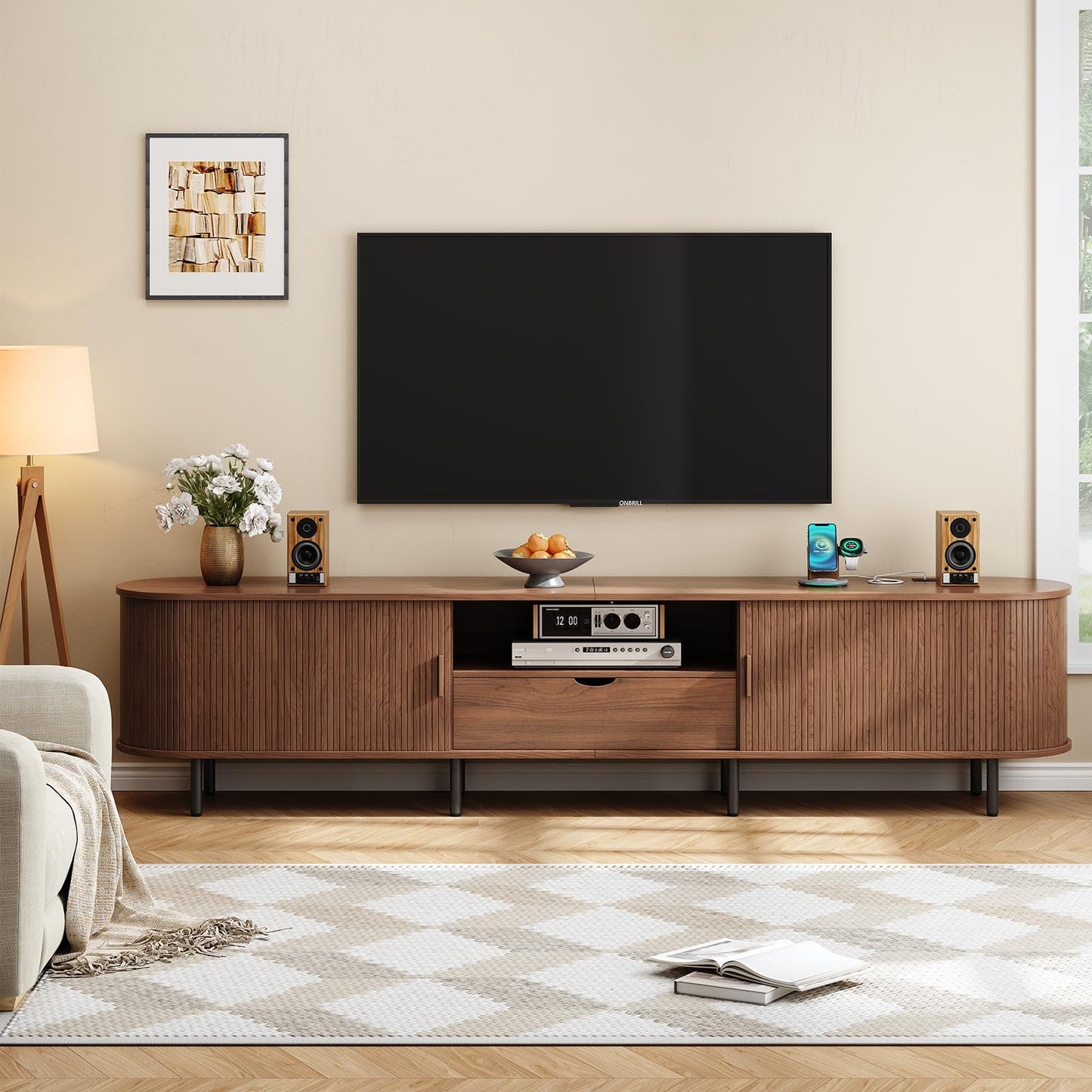 ONBRILL 94.5" TV Stand with Power Outlet for TVs up to 102", Entertainment Center with Storage and Drawer, TV Console w/Adjustable Shelves and Sliding Door, TV Stand for Living Room, Bedroom, Walnut