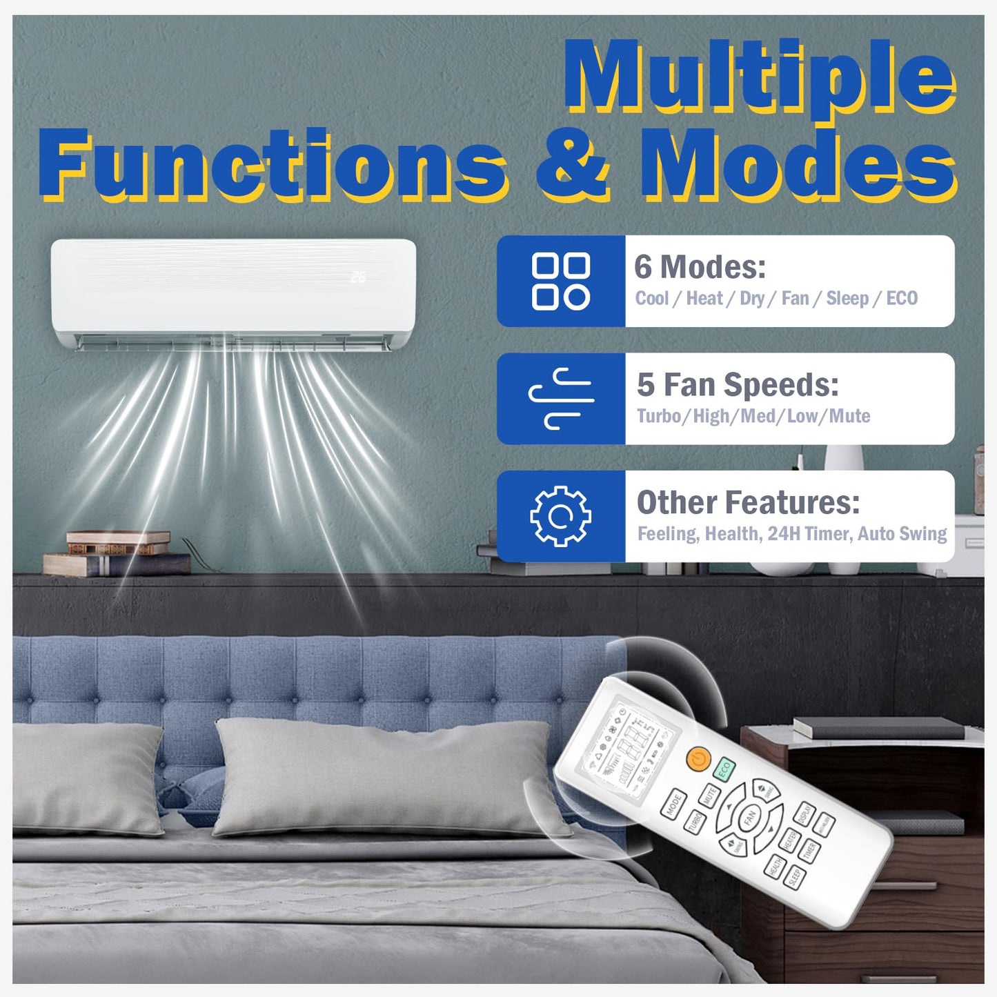 Garvee 9000 BTU Mini Split AC w/Remote Control 19 SEER2 230 V Cools Up to 450 Sq. Ft,Ductless Inverter Mini Split System w/0.75Ton Heat Pump Pre-Charged & Installation Kit, Ultra-Quiet