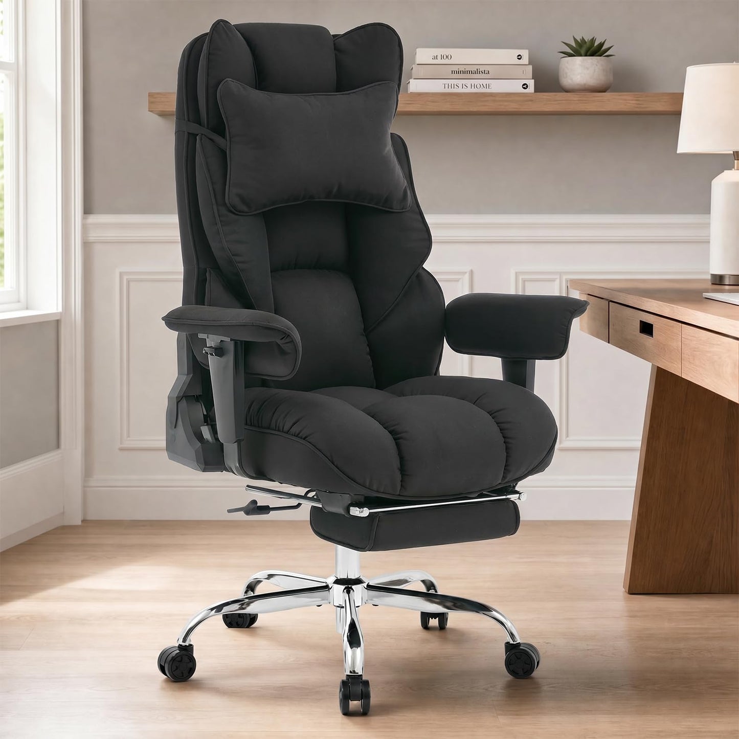 mokodo Big and Tall Office Chair 400lbs, Breathable Fabric Executive Desk Chair with Pocket Spring Cushion, 155° Reclining Computer Chair with Integrated Headrest & Lumbar Pillow (Black)