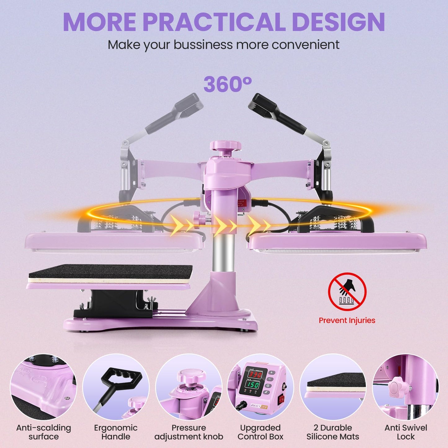 Heat Press Machine for Tshirts, 5 in 1 Heat Transfer Machine, 12" X 15" Heat Printing Press for Sublimation Combo with 360 Degree Rotation Swing Away for T-Shirt Hat Cap Mug Plate, Pink Purple