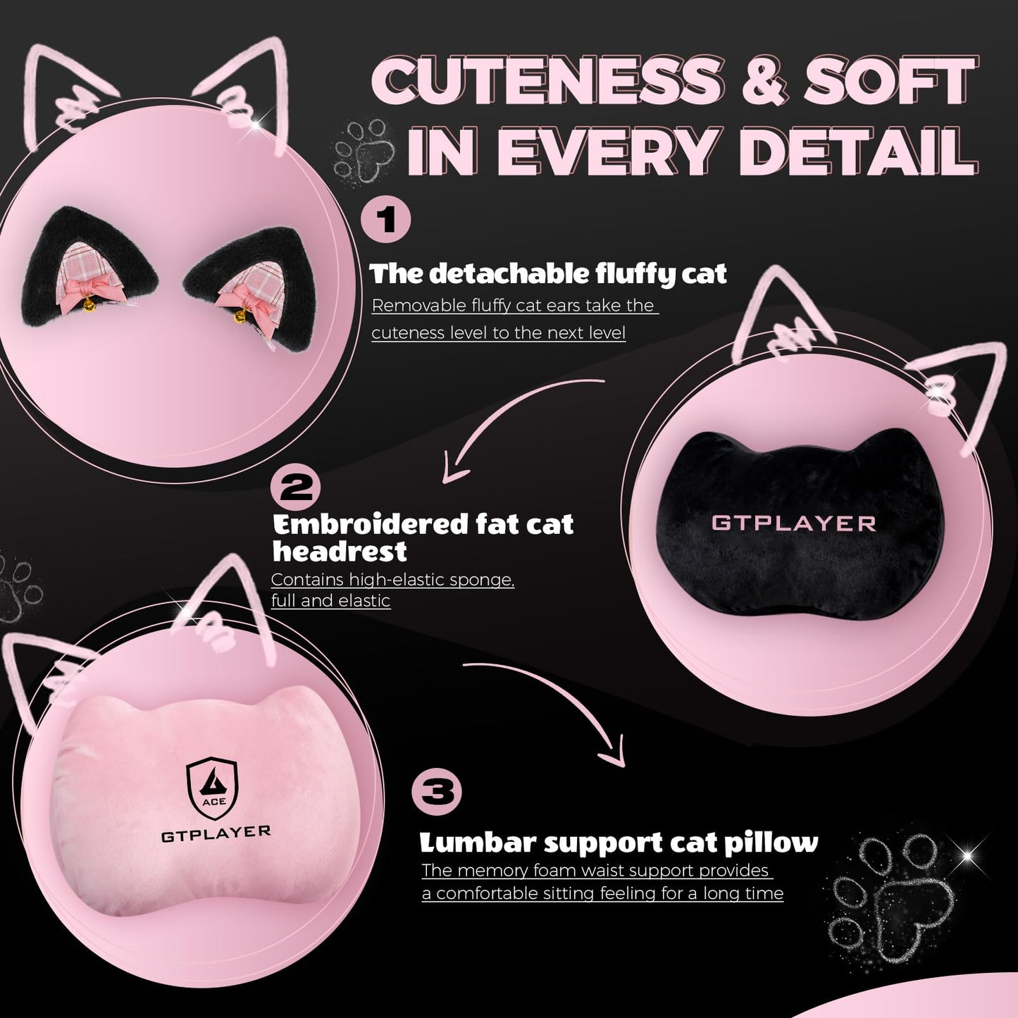 GTPLAYER Pink Gaming Chair Cute with Cat Ears Ergonomic Computer Chair with Cat Embroidery Adjustable Memory Foam Lumbar Support and Headrest Comfortable Reclining Office Chair Soft Velvet Fabric