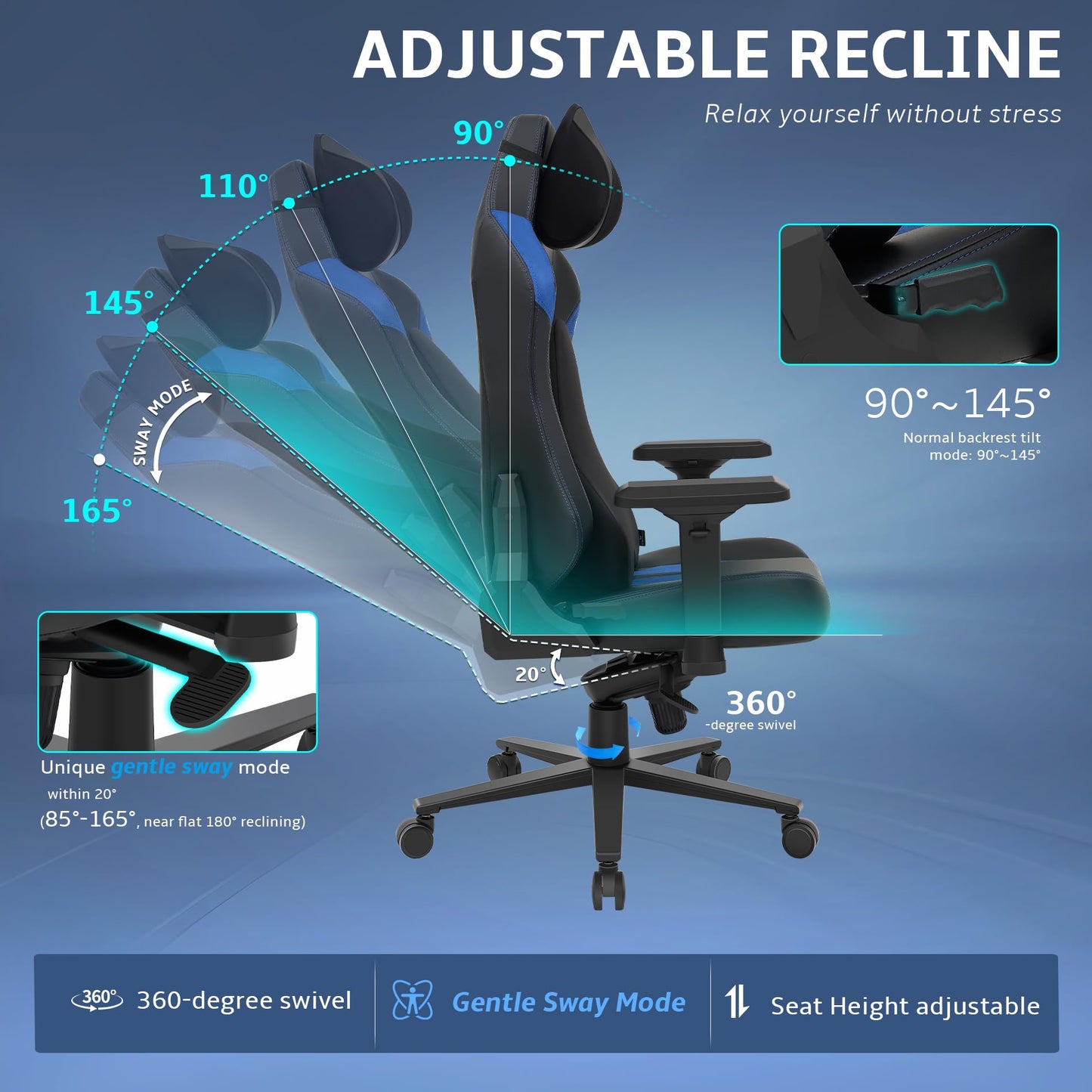 Wyrdforging Ergonomic Gaming Chair, Computer Desk Chairs, 4D Armrests, High Back Office Chair with Headrest & Lumbar Pillow, Tilt Rocker Recliner, Heavy-Duty Base, Black PU Leather & Blue Suede Combo