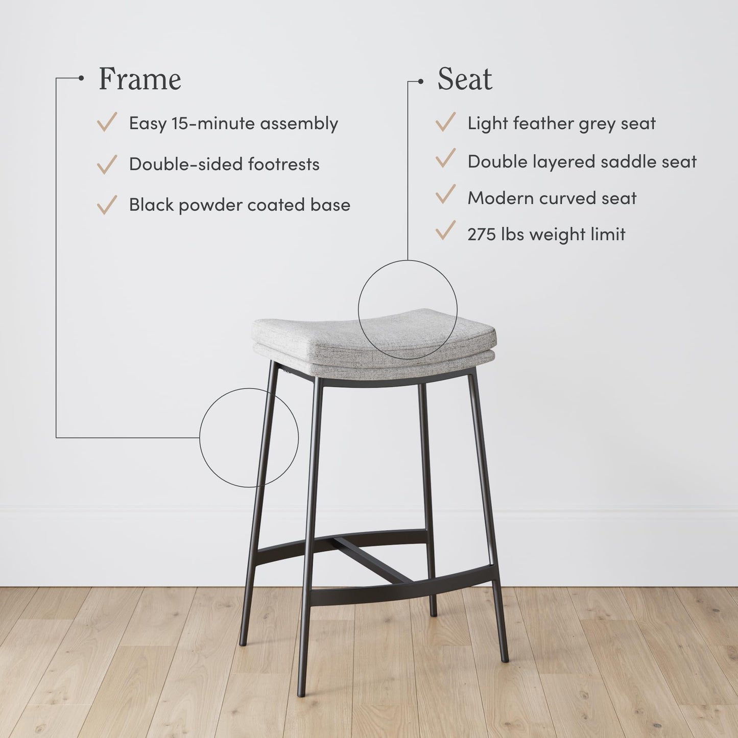 Arlo Modern Backless Upholstered Kitchen Counter Bar Stool with Double-Layered Saddle Seat and Black Metal Base, Grey/Matte Black, Set of 4