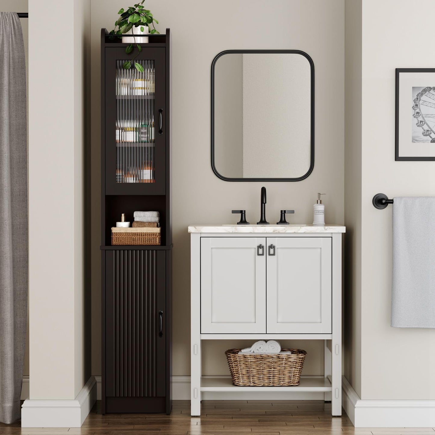 MXARLTR 71'' Tall Bathroom Cabinet, Narrow Slim Storage Cabinet, Freestanding Fluted Floor Linen Tower for Small Space Bathroom Oragnizer for Living Room Kitchen (Espresso)