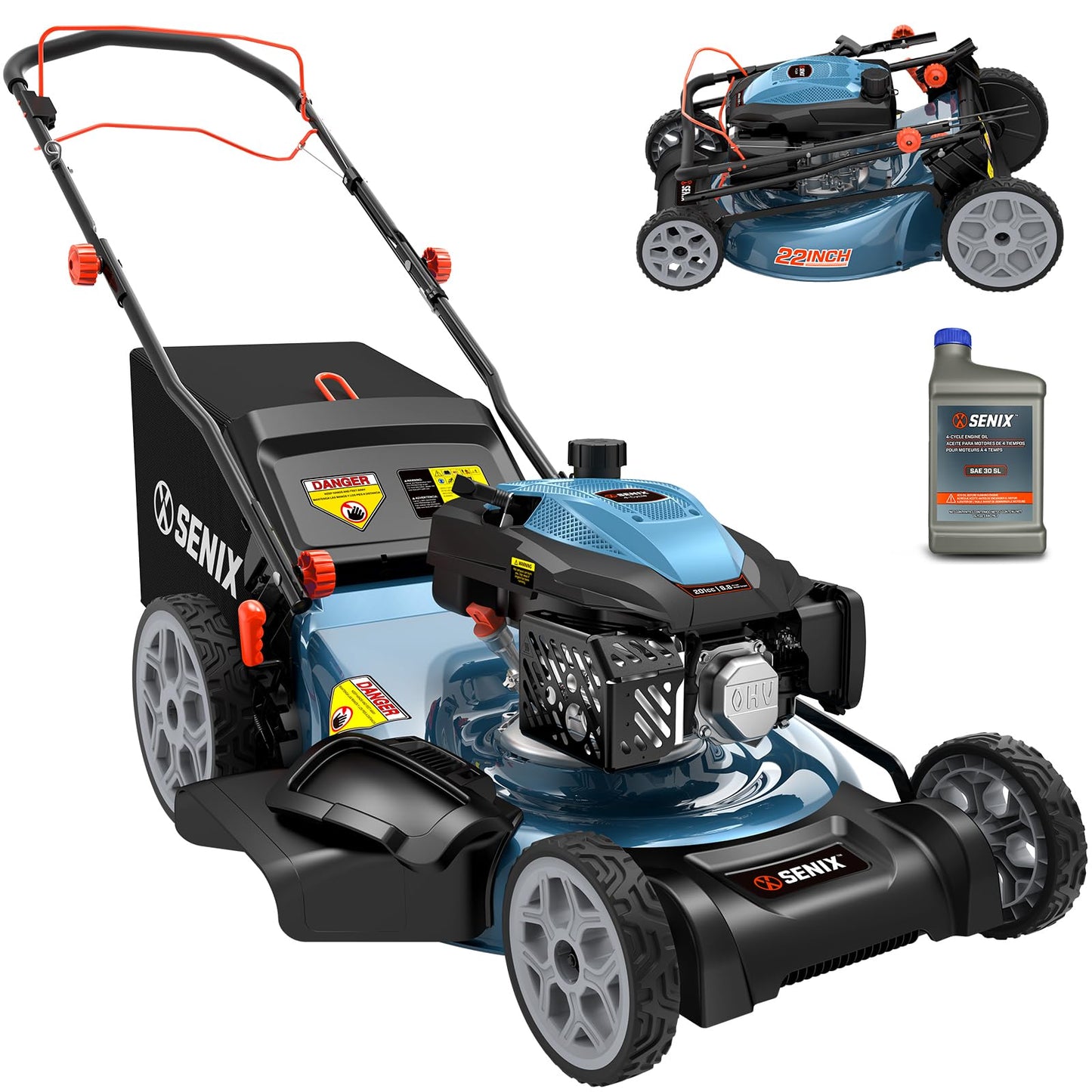 SENIX 201cc 22" 3-in-1 Gas Lawn Mower, Single Speed Rear Wheel Self-Propelled Mower, Mulching, Bagging, Discharging, 6 Cutting Height Adjustable, for Garden Yard
