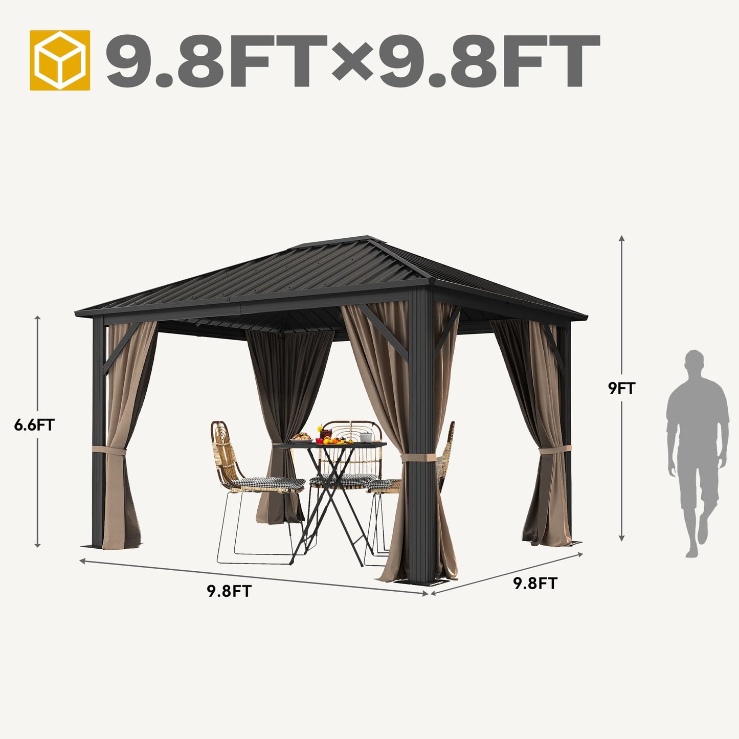 DWVO 10x12ft Gazebo Hardtop with Nettings and Curtains, Heavy Duty Galvanized Steel Outdoor Vertical Stripes Roof for Patio, Backyard, Deck, Lawns, Brown