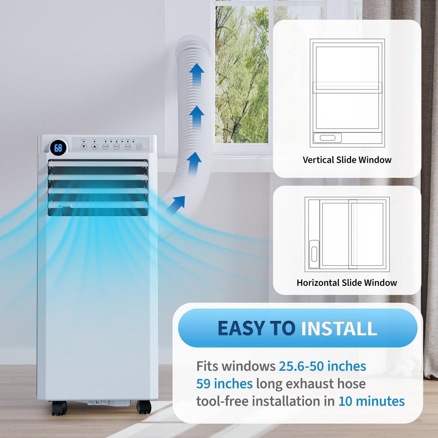 Portable Air Conditioners 10,000 BTU, 4-IN-1 Portable AC Unit for Rooms to 450 Sq. Ft. with Cooling, Dehumidifier, Fan & Sleep Modes, LED Display, 24H Timer, Remote Control, Installation Kits Included