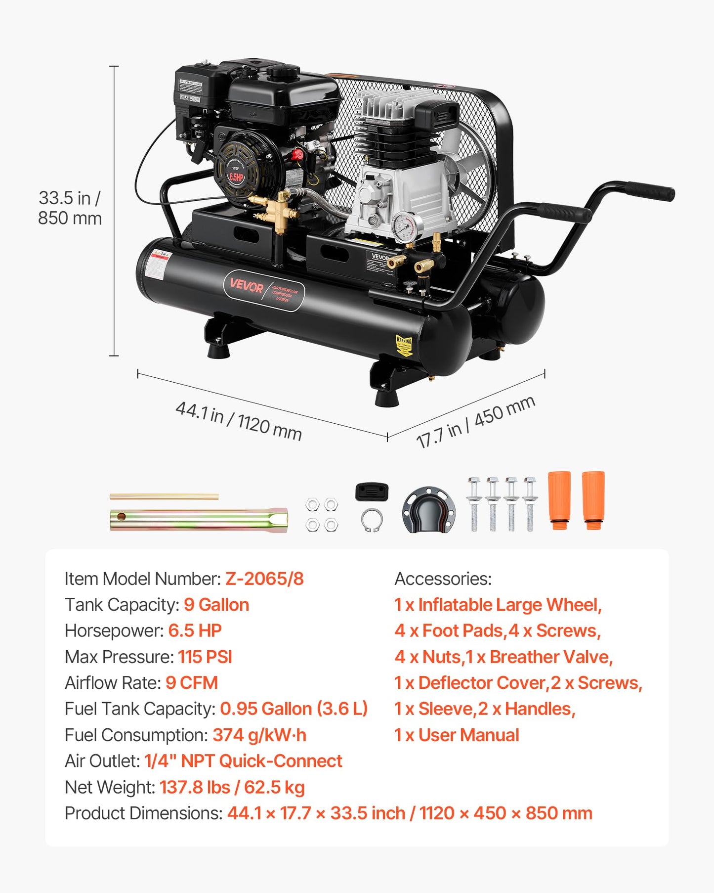 VEVOR 9 Gallon Twin-Tank Gas Powered Air Compressor, 6.5HP 9CFM Gas Driven Air Compressor Tank on Wheels, Max 115PSI Piston Pump Air-Compressed System for Tire Inflation, Auto Repairs, Spray Painting