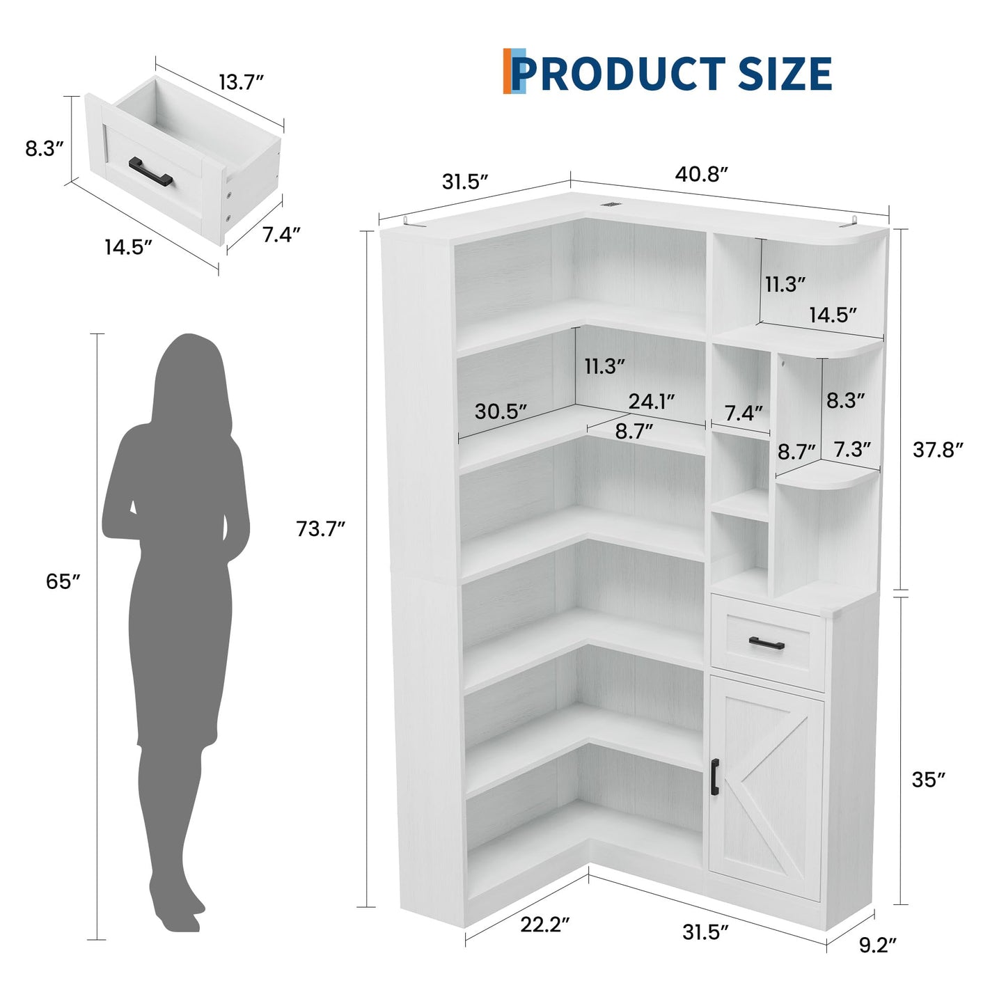 Garvee 74'' Tall Corner Bookshelf - 6-Tier Book Shelf with Drawer and Cabinets, l-Shaped Bookcase Open Storage Shelves Modern Display Shelf for Home, Office