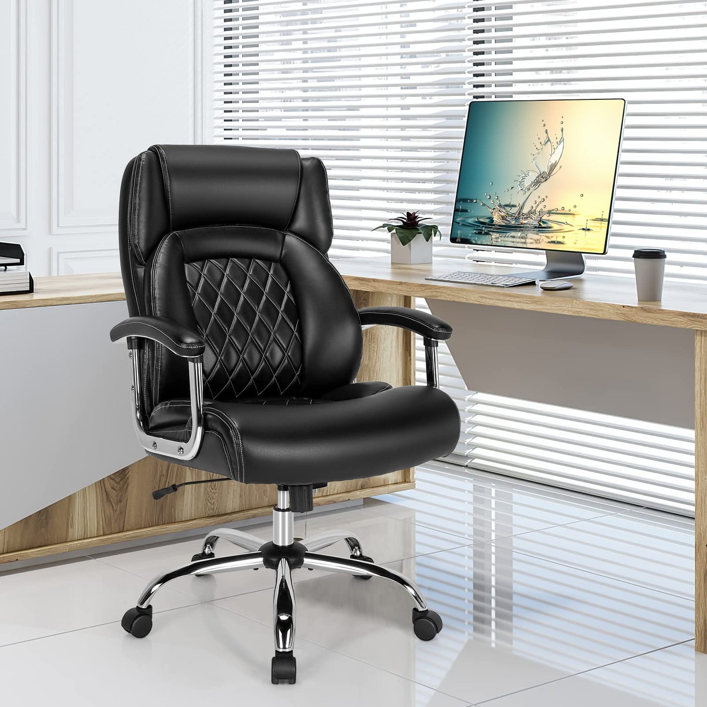 Giantex 500LBS Leather Office Chair, Height Adjustable Big and Tall Executive Chair, Computer Desk Chair w/Metal Base, Padded Armrest, Rocking Backrest, Swivel Task Chair w/Extra Wide Seat, Black