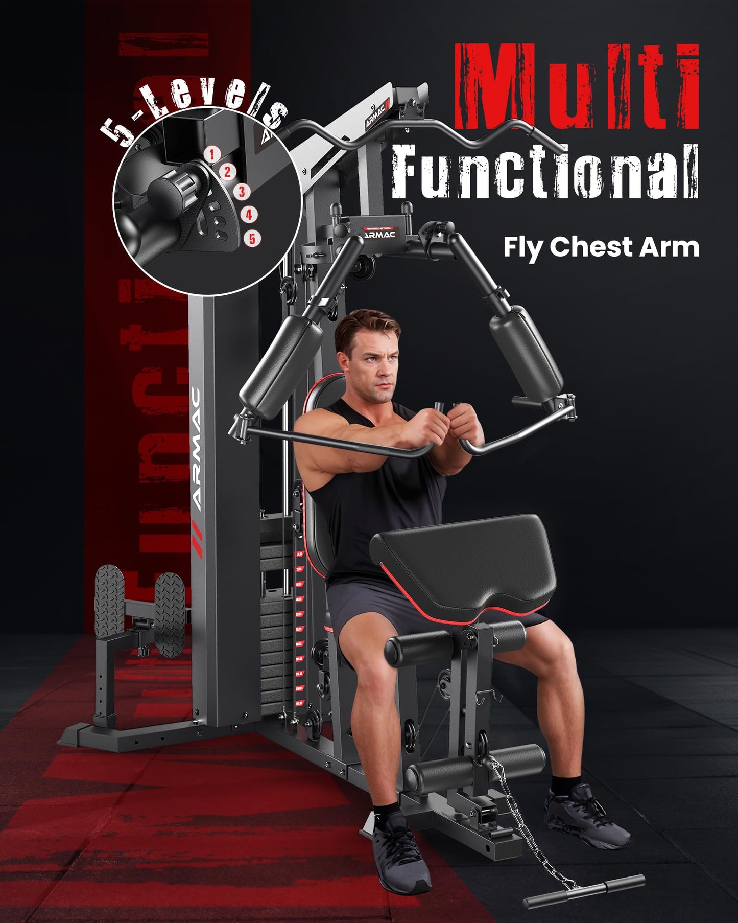 Sportsroyals Home Gym, Multifunctional Workout Station with 150LBS Weight Stack, Full Body Workout Machine with Pulley System for Strength Training (Black red)