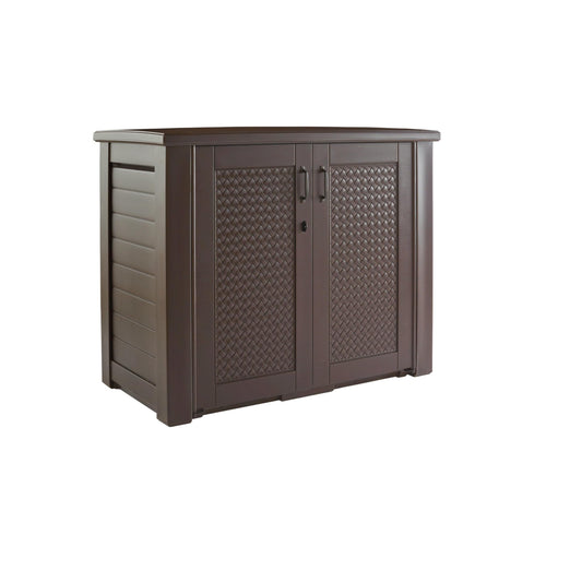 Rubbermaid Decorative Outdoor Storage Cabinet (123 Gal), Weather Resistant, Brown, Organization for Home/Backyard/Pool Chemicals/Toys/Garden Tools/Porch/Patio Cushions