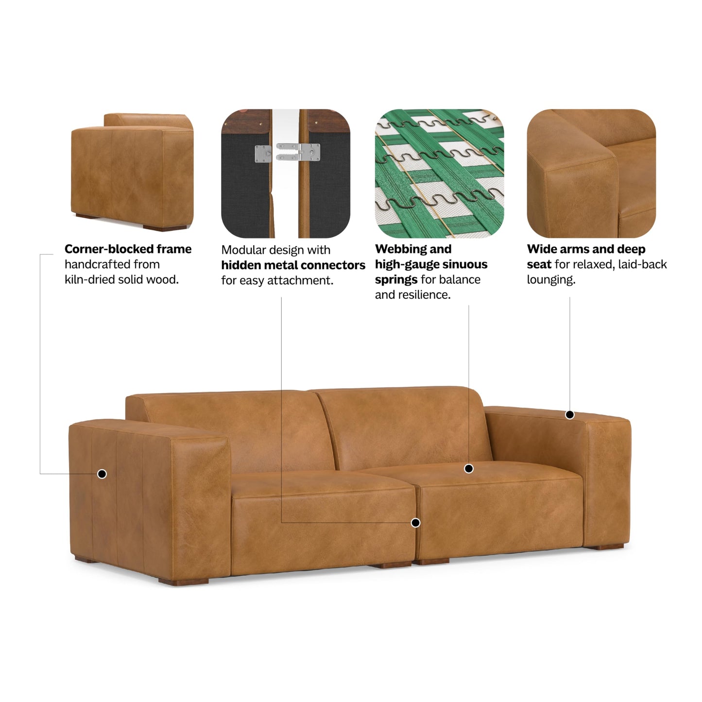 SIMPLIHOME Rex 2-Seater Modular Sofa in Full-Grain Genuine Leather, Sienna, 88-inches Wide, Handcrafted Leather Loveseat Sofa for Living Room
