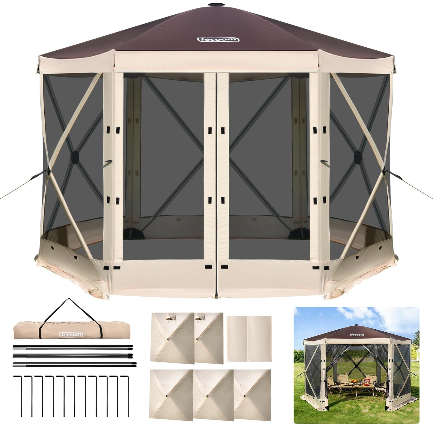 Tecoom 10x10ft 6-Side Pop Up Gazebo Tent, Waterproof Instant Screen with Mosquito Netting, Portable Outdoor Canopy with 4 Removable Wind Cloths, Sun Shelter for Camping, Garden and Picnics, Khaki