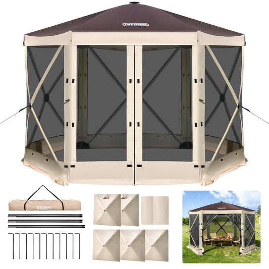 Tecoom 10x10ft 6-Side Pop Up Gazebo Tent, Waterproof Instant Screen with Mosquito Netting, Portable Outdoor Canopy with 4 Removable Wind Cloths, Sun Shelter for Camping, Garden and Picnics, Khaki