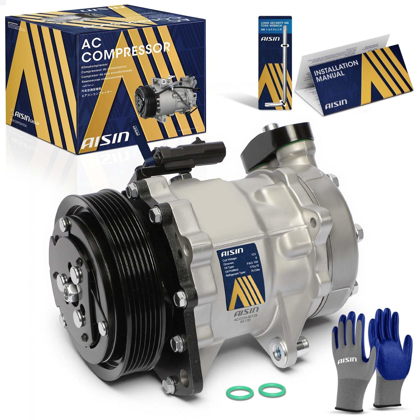 AISIN AFTERMARKET ACCCH-00125 Air Conditioner AC Compressor - Compatible with Dodge Durango 2000-2001 4.7L, Dakota 2000-2001 4.7L - with 6-Pulley Groove, with Clutch