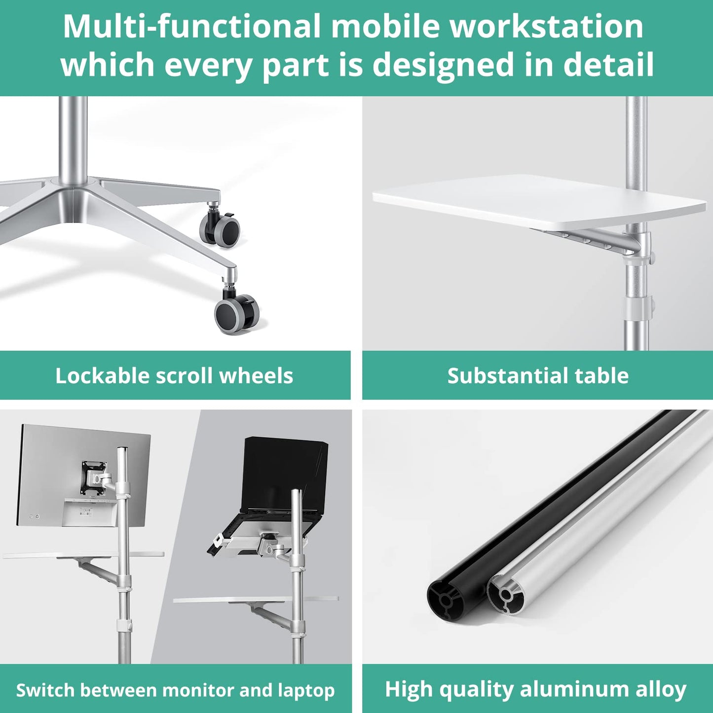viozon Mobile Desk,Mobile Workstation,Mulitiuse Rolling Laptop Floor Stand,34"-48.6" Height Adjustable,Compatible with 17"-27"Monitor&12"-17"Laptop,21"×14" Desk Board,Maxload 17.6lbs,4 Lockable Wheels