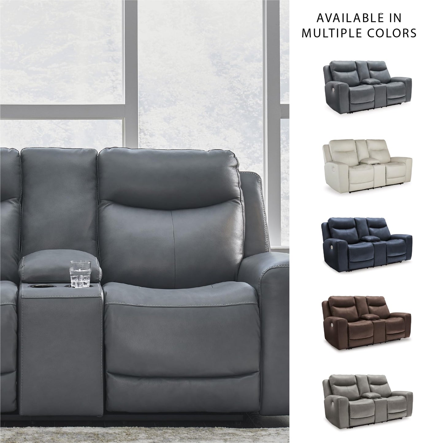 Signature Design by Ashley Mindanao Modern Leather Match Upholstered Power Reclining Loveseat with Console, USB Ports and Cup Holders, Gray