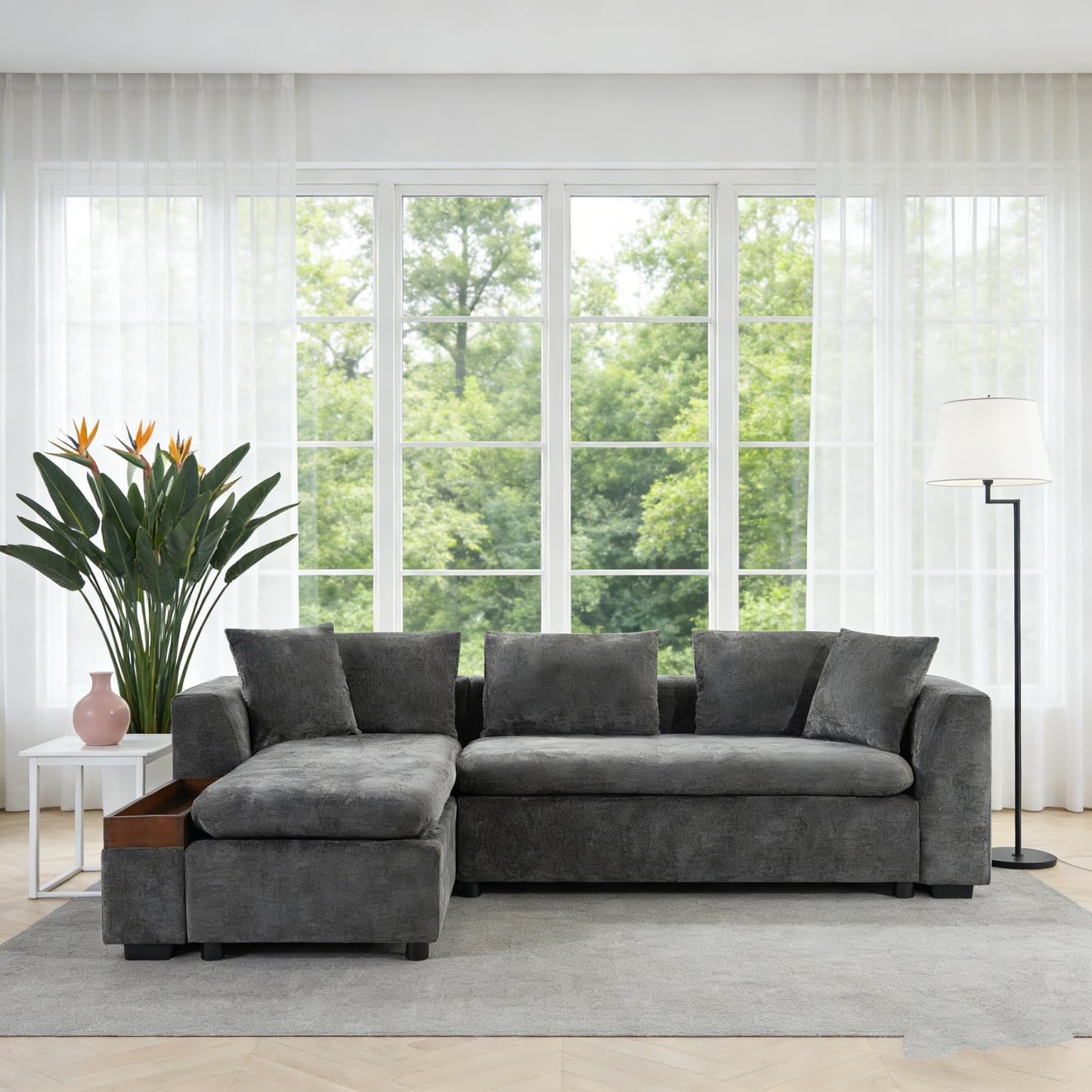 Trygoal 93.7" L-Shaped Sectional Sofa with Storage Chaise, Modern Couch for Living Room, Chenille Upholstered Couch with Deep Seats & Throw Pillows, Modern Corner Sofa for Living Room, Brown