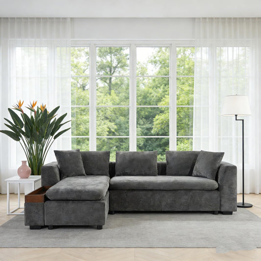 Trygoal 93.7" L-Shaped Sectional Sofa with Storage Chaise, Modern Couch for Living Room, Chenille Upholstered Couch with Deep Seats & Throw Pillows, Modern Corner Sofa for Living Room, Brown