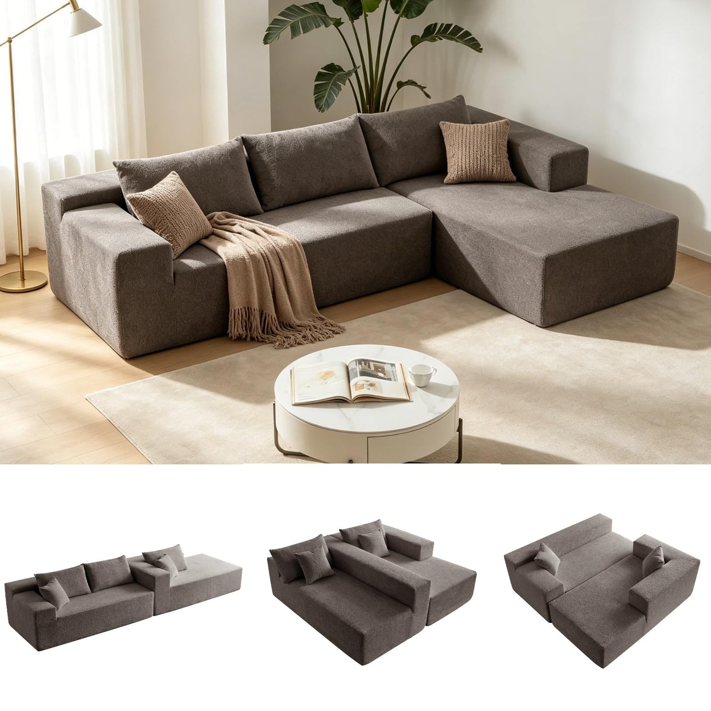 Trygoal 103” L Shaped Cloud Sectional Boneless Couches for Living Room, Modern Modular Sofa Couch with Chaise, Comfy Deep Seat Living Room Furniture Set, No Assembly, Grey
