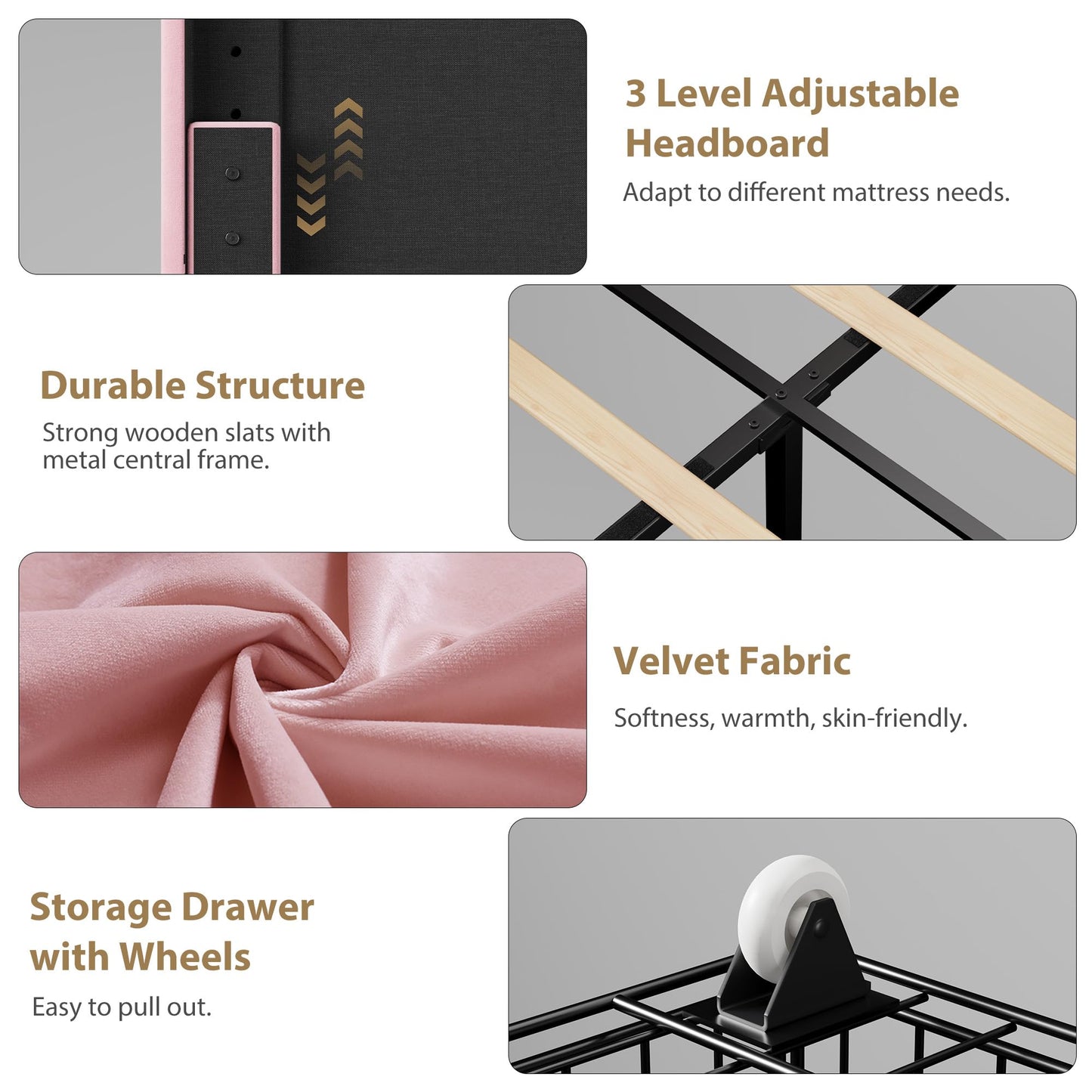 IDEALHOUSE Full Upholstered LED Bed Frame with Storage Drawer and Adjustable Headboard, Velvet Princess Platform Bed for Kids/Girls/Boys, Heavy Duty Metal Support, No Box Spring Needed, Pink