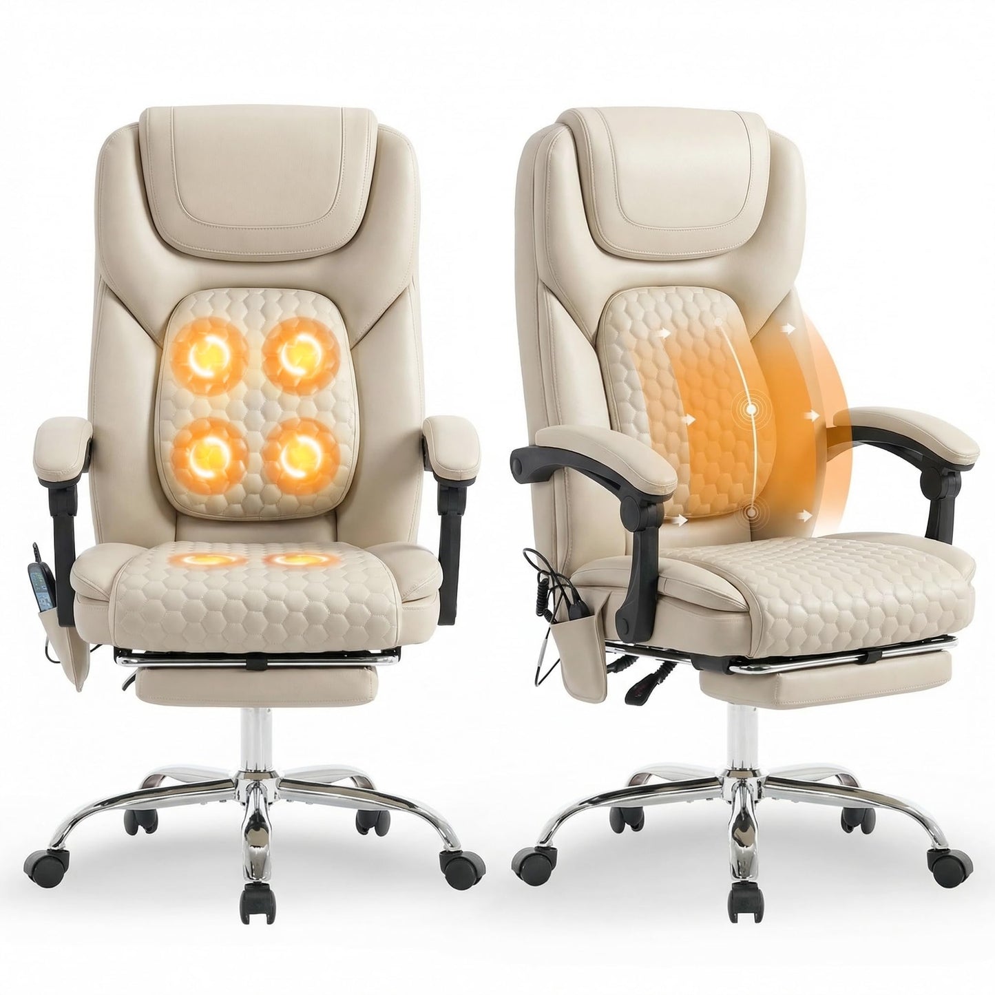 MALOL Massage Office Chair Set of 2 with 3-Level Heat and Footrest – 20-Min Easy Assembly, 300 lbs Big and Tall Desk Chair, PU Leather Ergonomic Executive Computer Chair with Side Pocket, Beige